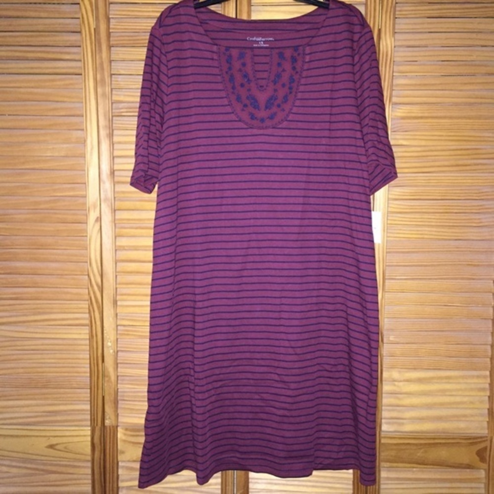 Croft & Barrow Dark Red  Striped Embroidered Dress Size 1X New‎ with Tag